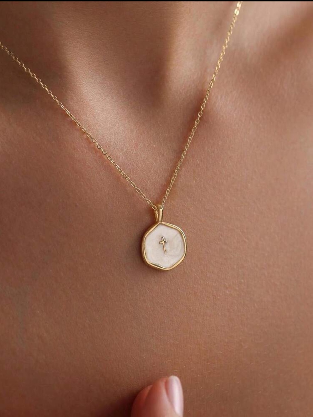 Gold Cross Pendant Necklace with White Mother-of-Pearl Disc, Cross Necklace